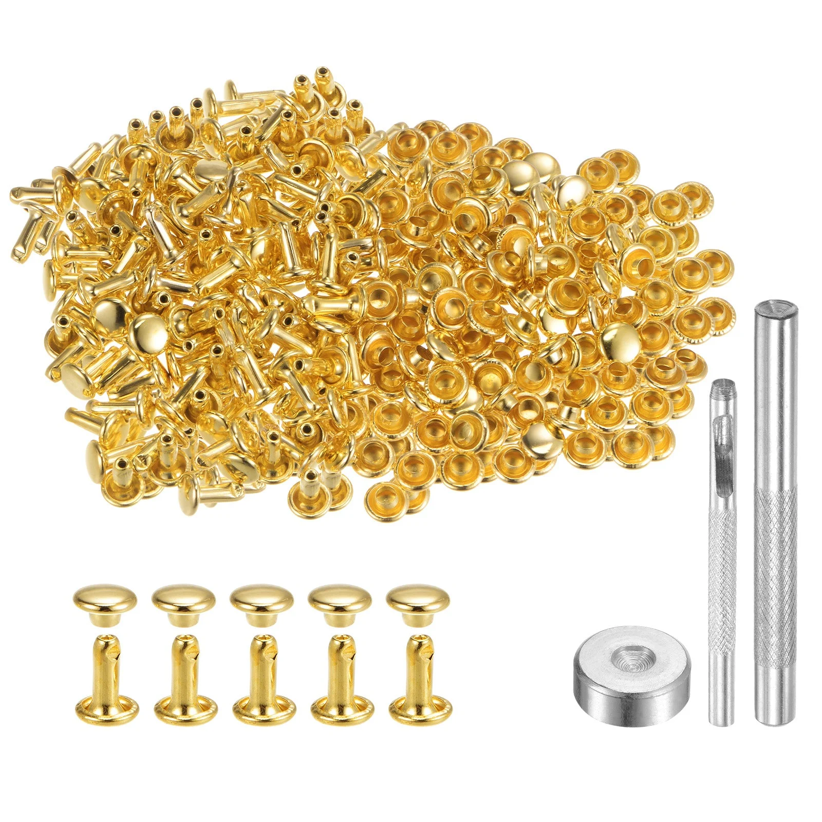 200 Sets Leather Rivets 6mm x 8mm with 3 Setter Tools Gold Tone