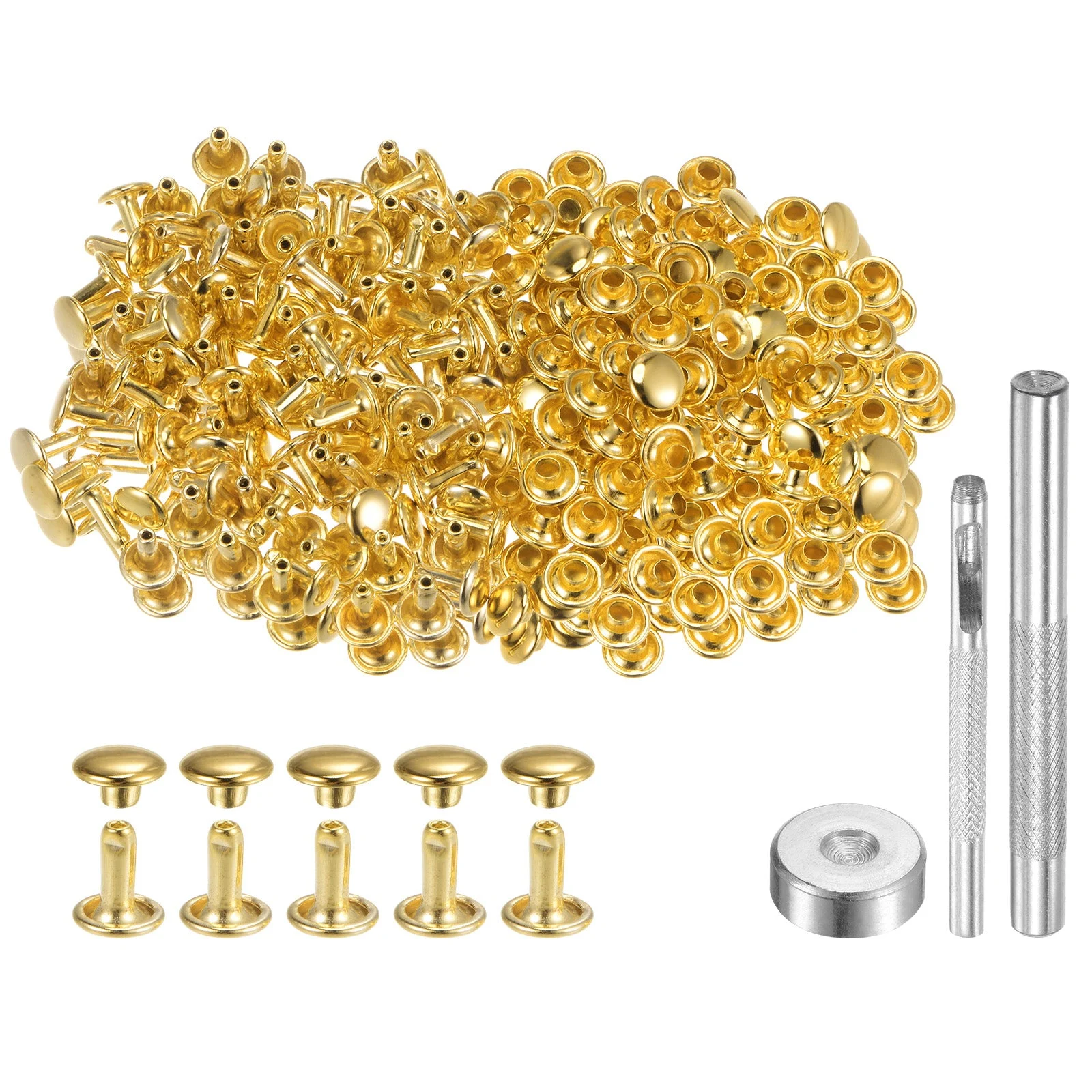 200 Sets Leather Rivets 7mm x 8mm Metal with 3 Setter Tools Gold Tone