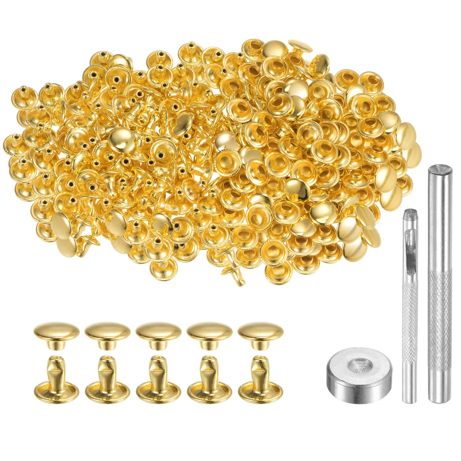 200 Sets Leather Rivets 8mm x 6mm Metal Double Cap Rivet Snaps Studs Fasteners with 3pcs Setting Tools Rivets for Leather Craft DIY Repair Decoration, Gold Tone