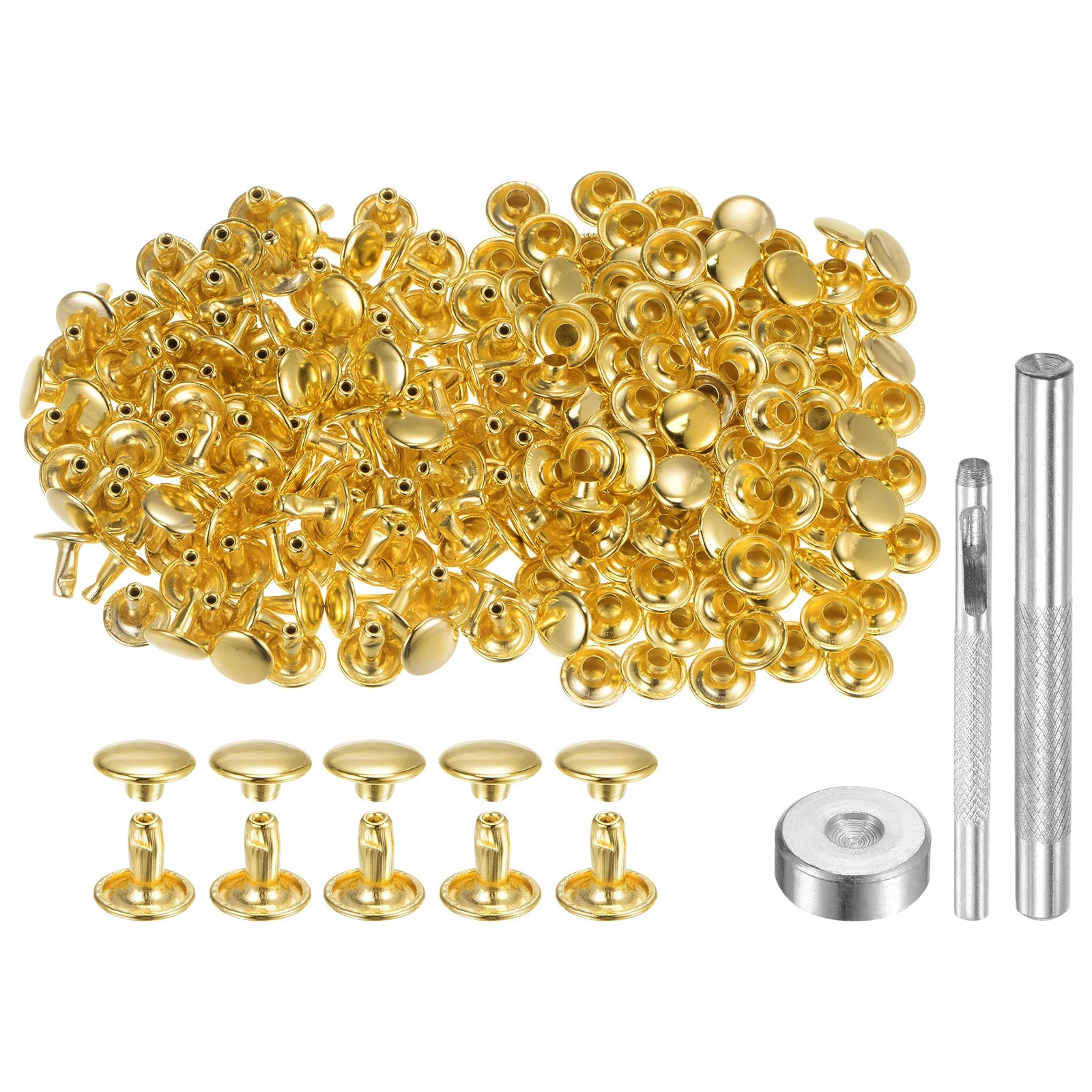 200 Sets Leather Rivets 9mm x 8mm Metal with 3 Setter Tools Gold Tone