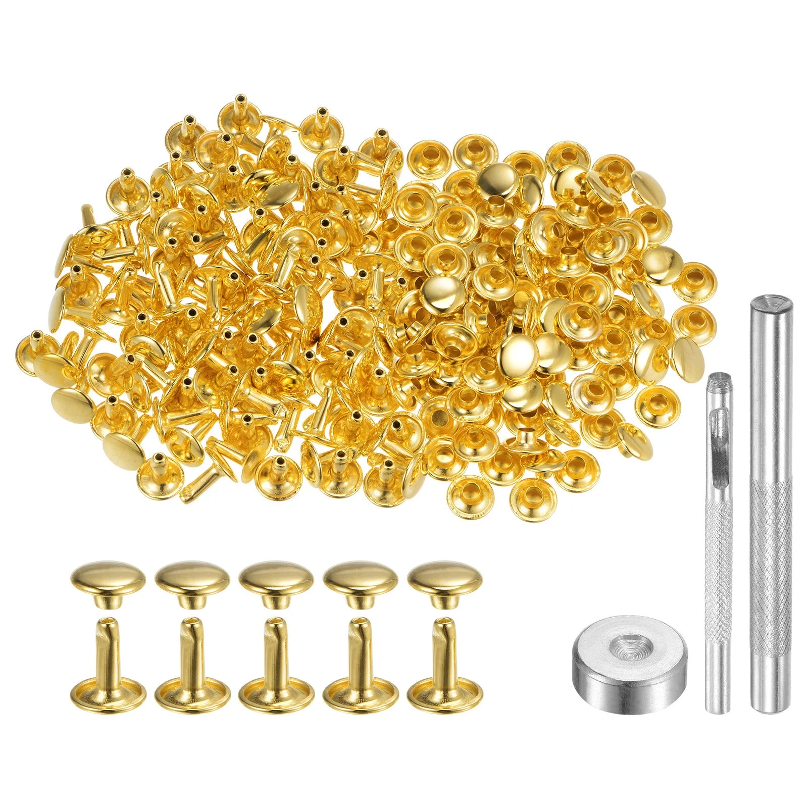 200 Sets Leather Rivets 9mm x 10mm Metal with 3 Setter Tools Gold Tone