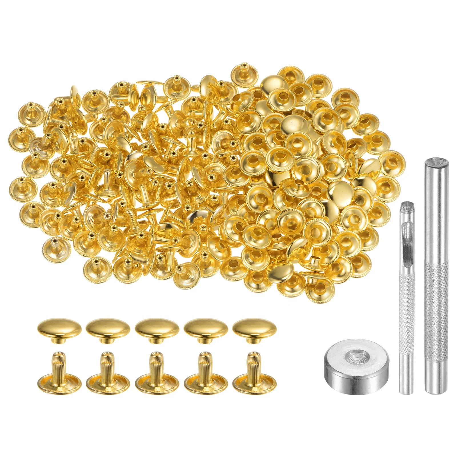 200 Sets Leather Rivets 10mm x 8mm Metal with 3 Setter Tools Gold Tone