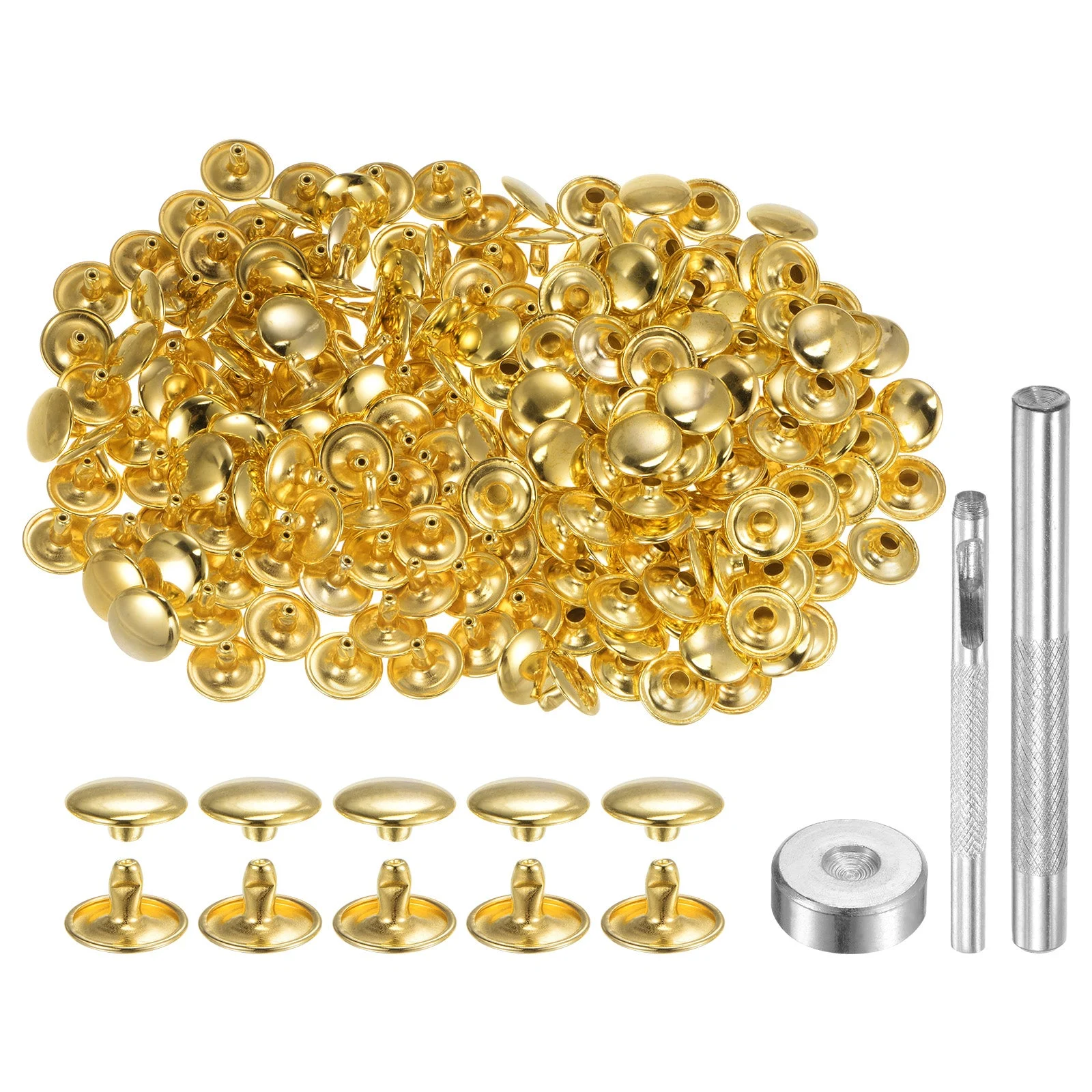 200 Sets Leather Rivets 12mm x 8mm Metal with 3 Setter Tools Gold Tone