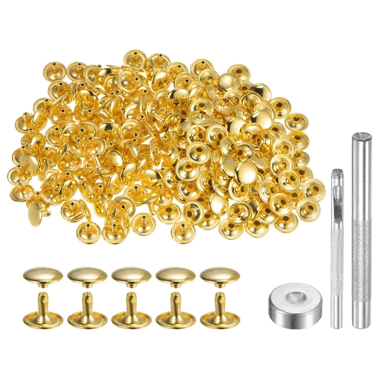 200 Sets Leather Rivets 12mm x 10mm Metal with 3 Setter Tools Gold Tone
