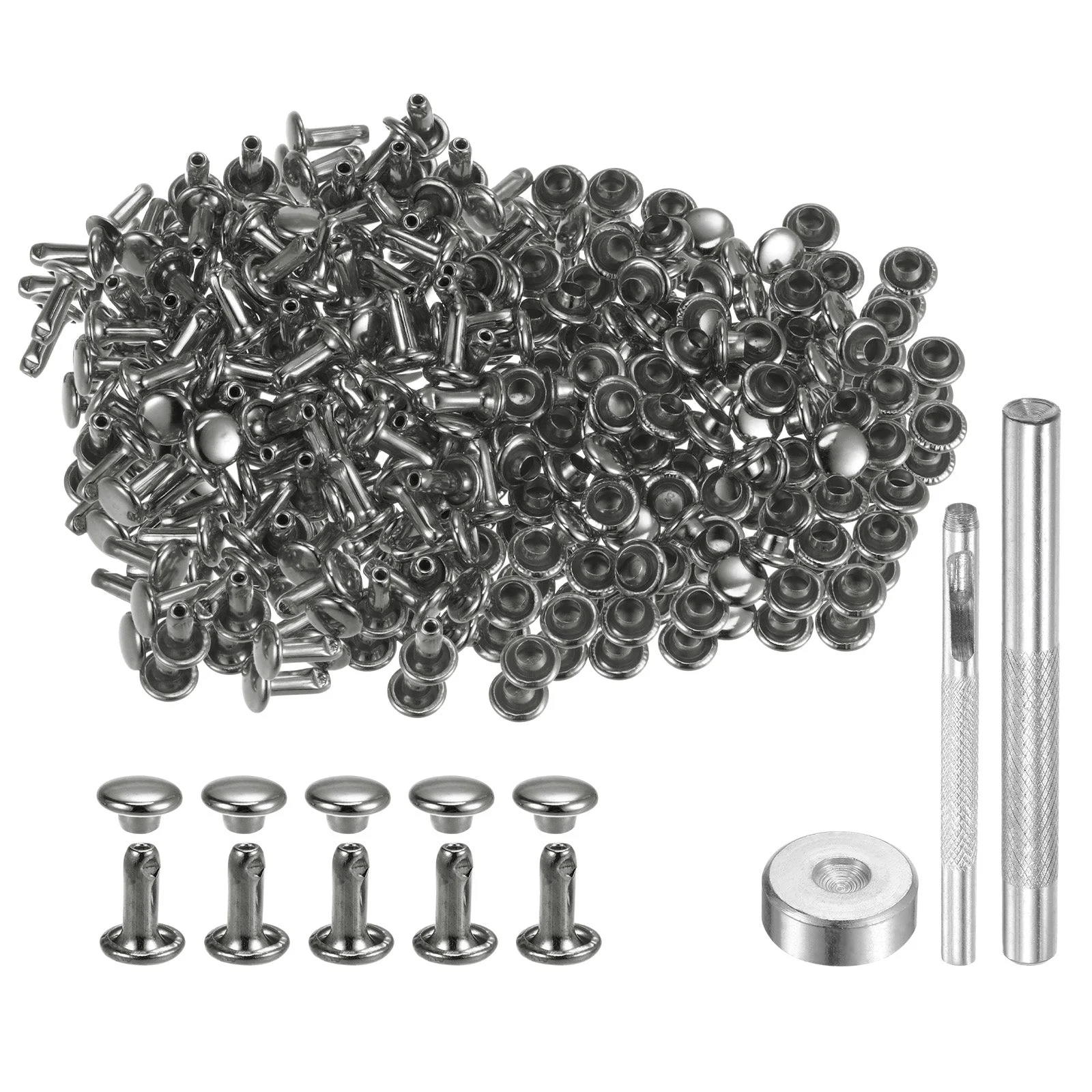 200 Set Leather Rivets 6mm x 8mm with 3 Setter Tools Gunmetal