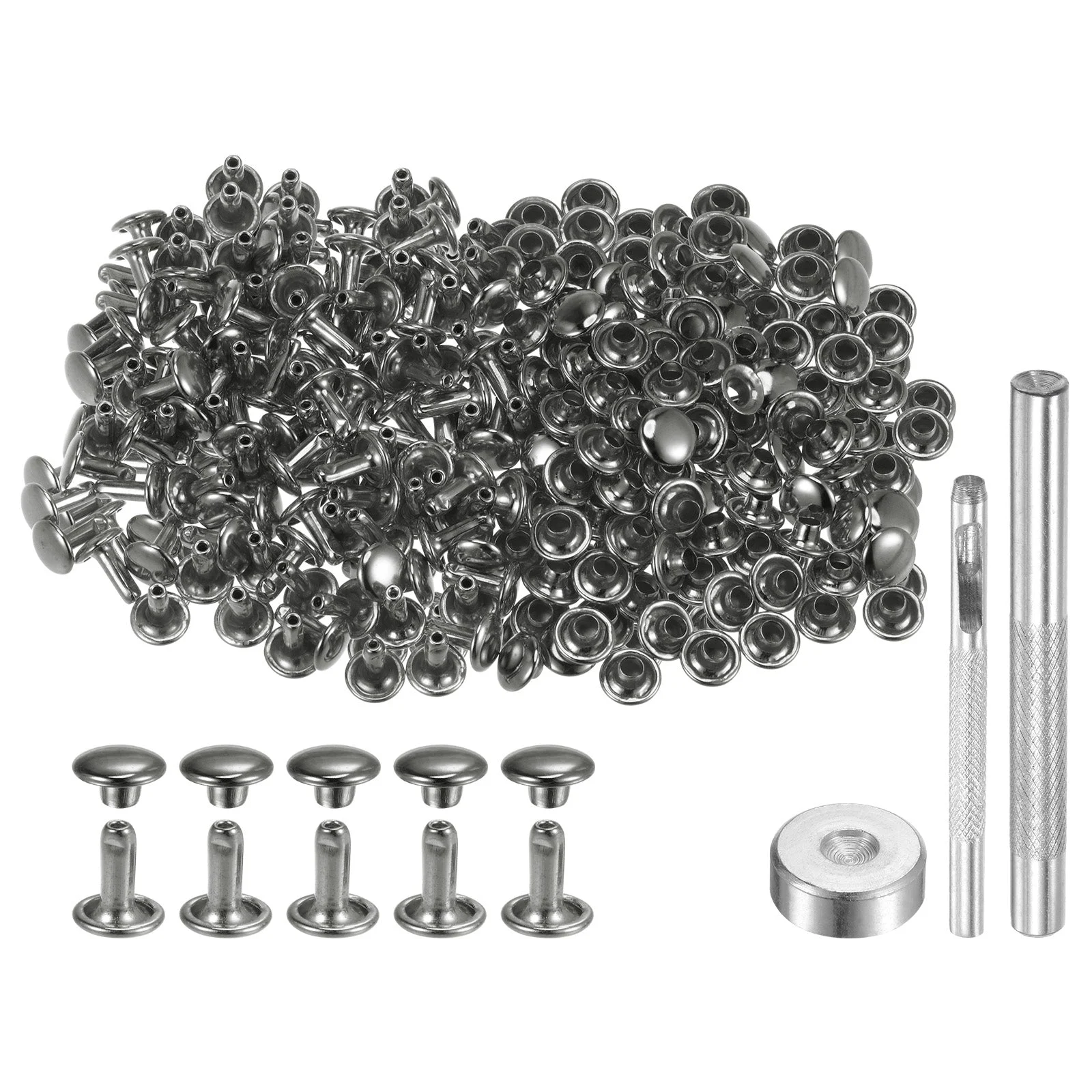 200 Sets Leather Rivets 7mm x 8mm Metal Double Cap Rivet Snaps Studs Fasteners with 3pcs Setting Tools Rivets for Leather Craft DIY Repair Decoration, Gunmetal