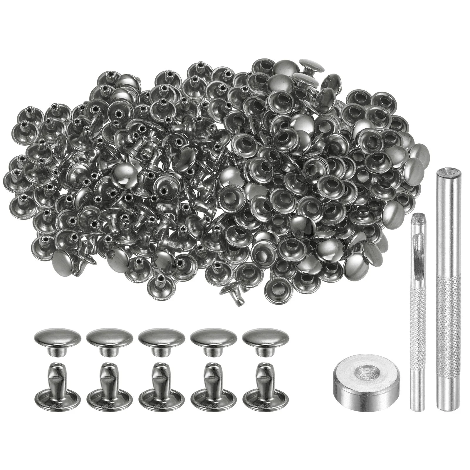 200 Sets Leather Rivets 8mm x 6mm Metal Double Cap Rivet Snaps Studs Fasteners with 3pcs Setting Tools Rivets for Leather Craft DIY Repair Decoration, Gunmetal