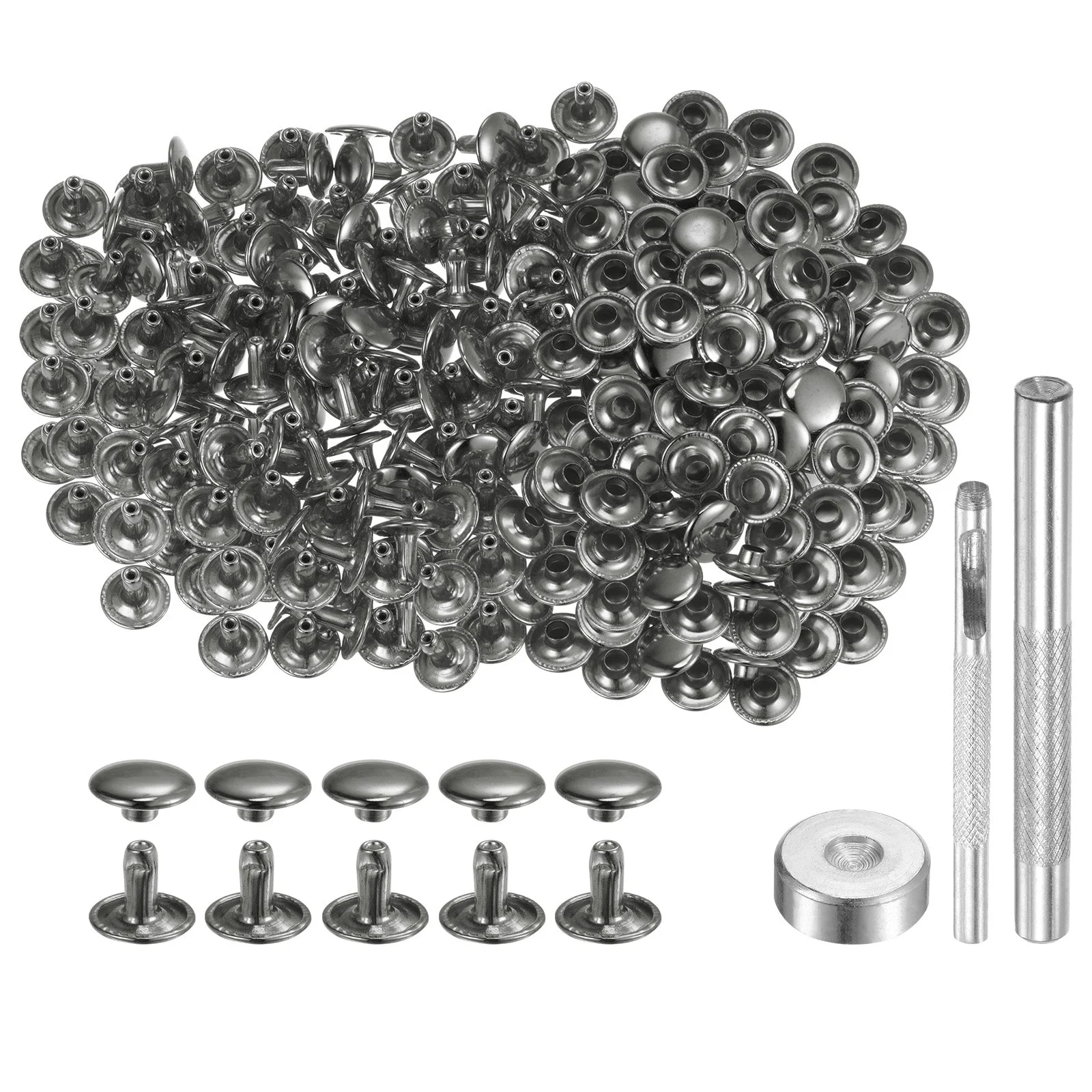 200 Sets Leather Rivets 10mm x 8mm Metal with 3 Setter Tools Gunmetal