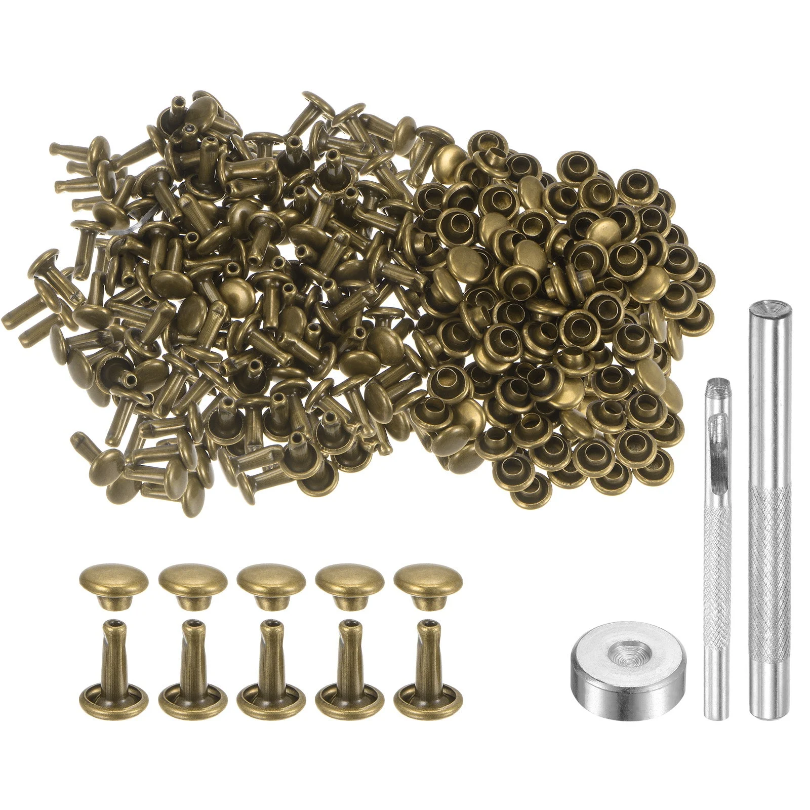 200 Sets Leather Rivets 6mm x 8mm with 3 Setter Tools Bronze