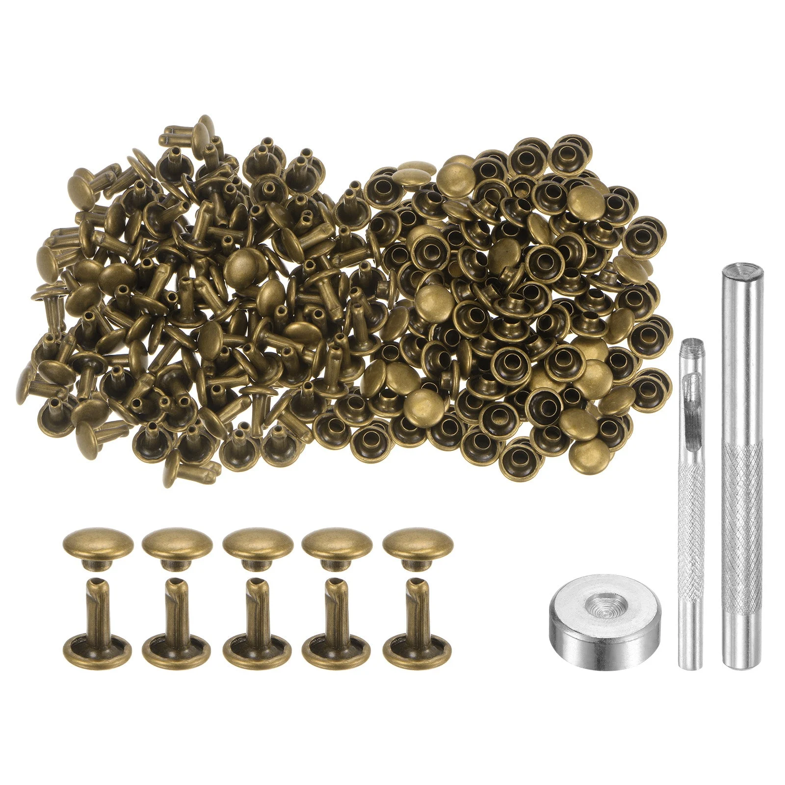 200 Sets Leather Rivets 7mm x 8mm Metal with 3 Setter Tools Bronze