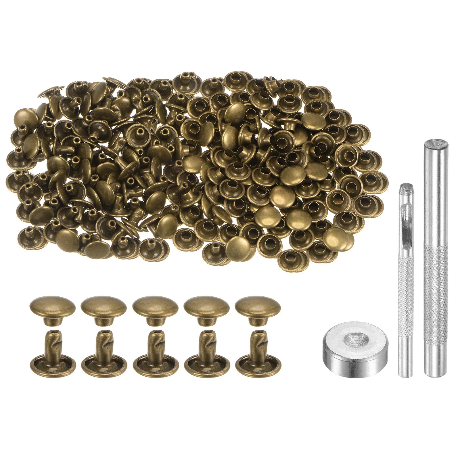 200 Sets Leather Rivets 8mm x 6mm Metal with 3 Setter Tools Bronze