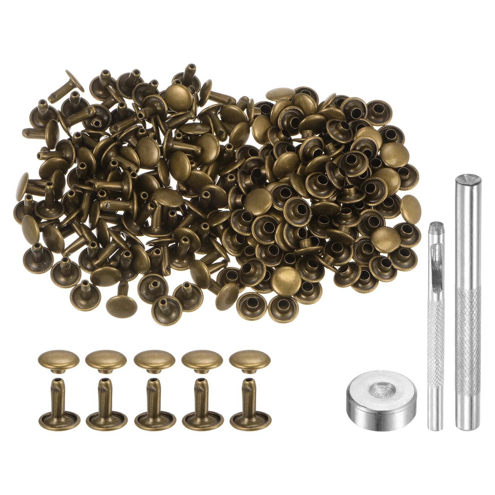 200 Sets Leather Rivets 9mm x 10mm Metal with 3 Setter Tools Bronze