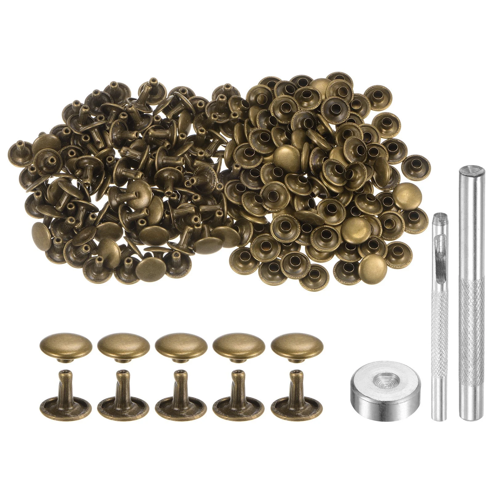 200 Sets Leather Rivets 10mm x 8mm Metal with 3 Setter Tools Bronze