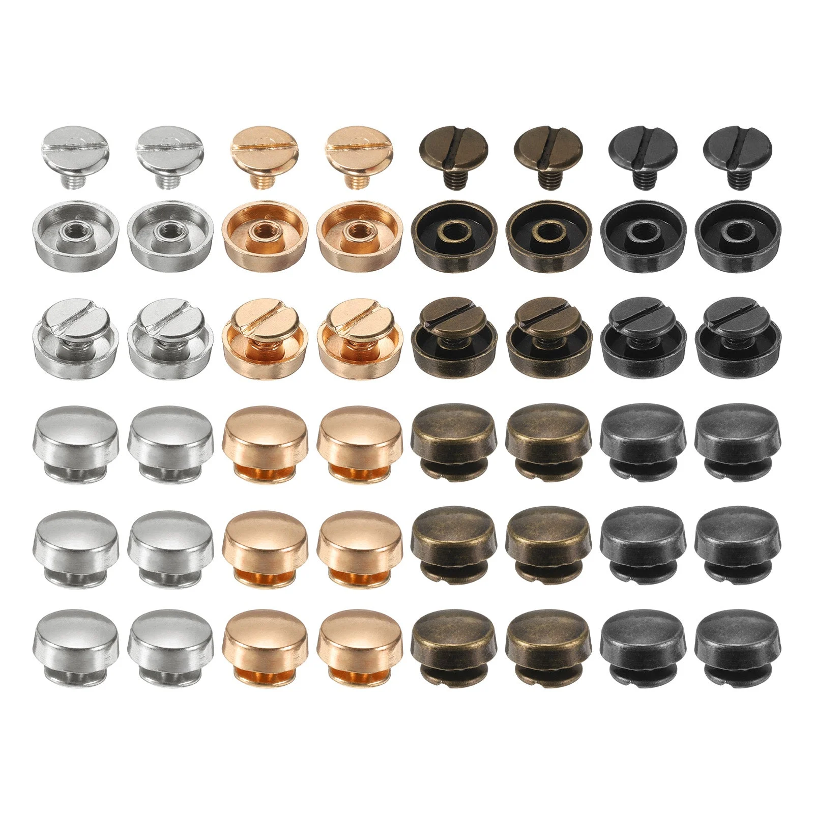 40set Flat Head Stud Spike 10mm Alloy Purse Feet Handbag Nail Head Stud Flat Buckle Button Cap Rivets Round Wheel Buckles Tool Set for DIY Leather Craft, 4 Colors