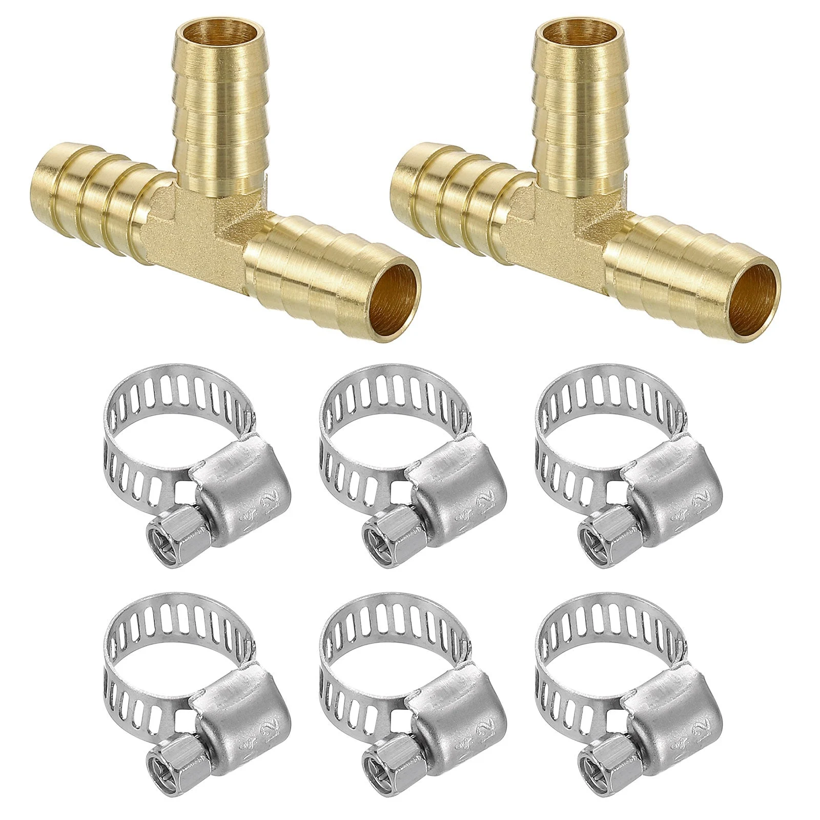2pcs Brass Tee Barb Fittings, 3-Ways Tee 1/2" x 1/2" x 1/2" Barbed Hose Reducer, Tee Brass Barb Fitting Reducer with 6pcs Hose Clamps for Water Fuel Air