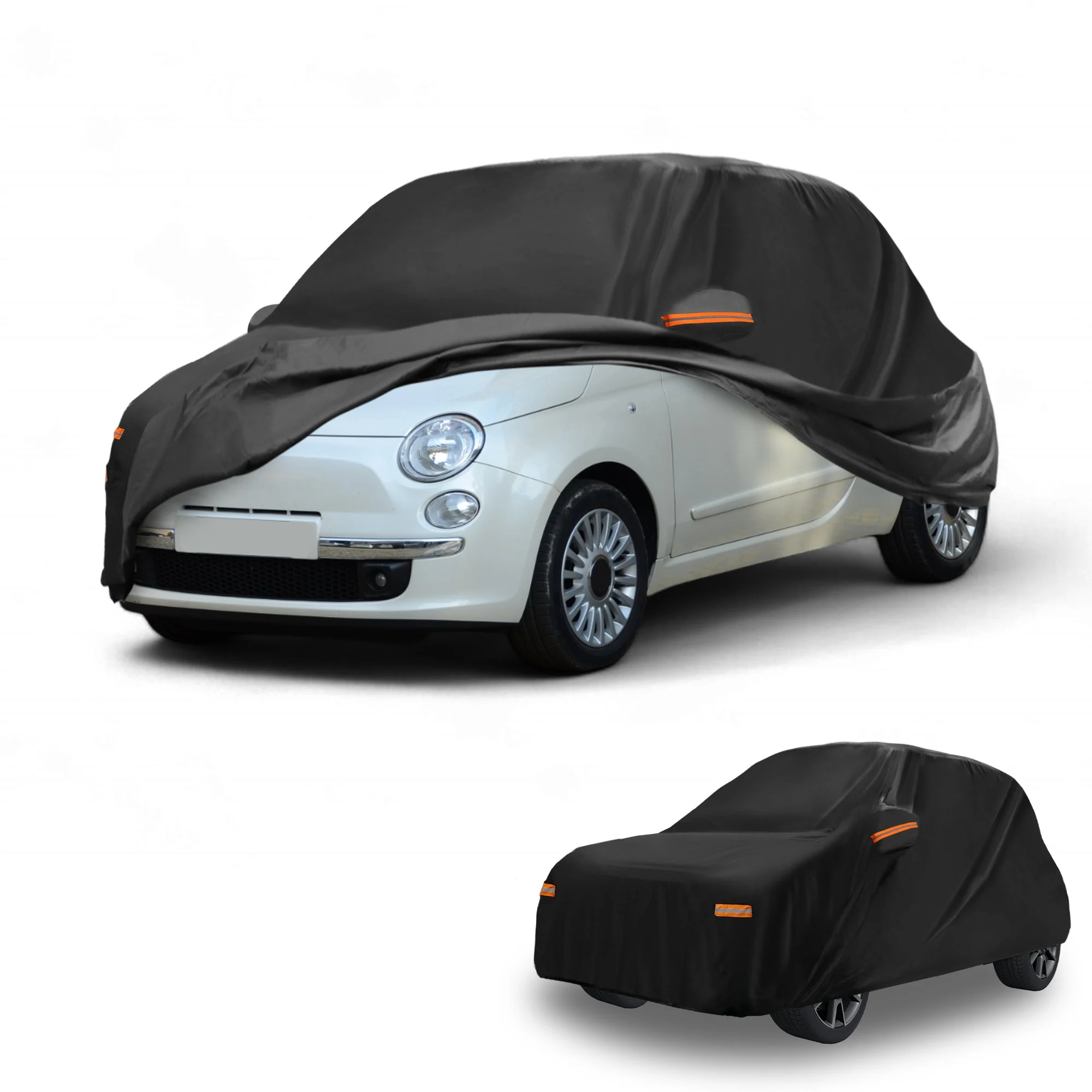 All-Weather Waterproof Car Cover - UV-Resistant Outdoor Full Exterior Protection for Fiat 500 2007-2022 Aluminum Film Black with Right Side Zipper