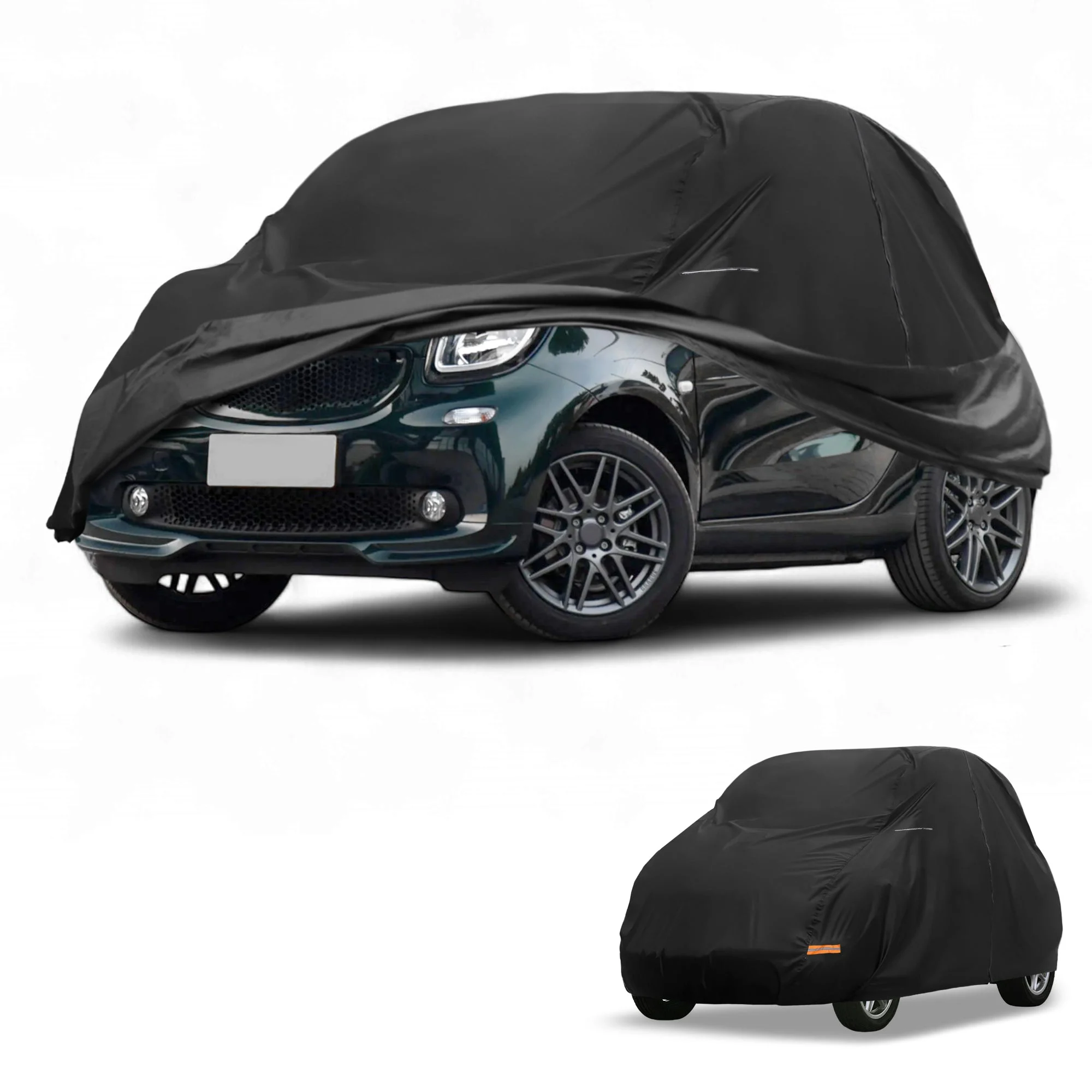 Car Cover Waterproof All Weather 210D-PU, UV Sun Rain Protection, for Smart Fortwo 2007-2019, with Left Side Zipper & Mirror Pockets, Black