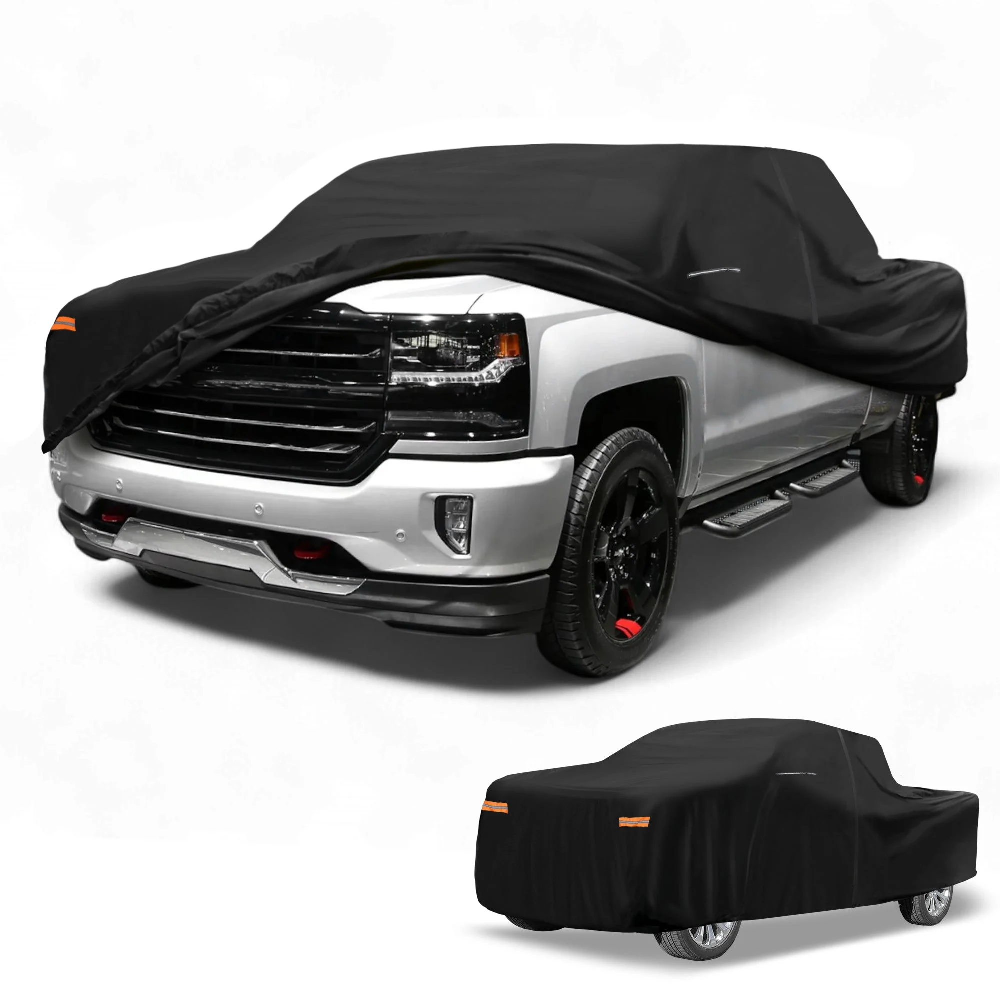 Car Cover Waterproof All Weather 210D-PU, UV Sun Rain Protection, for Chevrolet Silverado, with Left Side Zipper & Mirror Pockets, Black