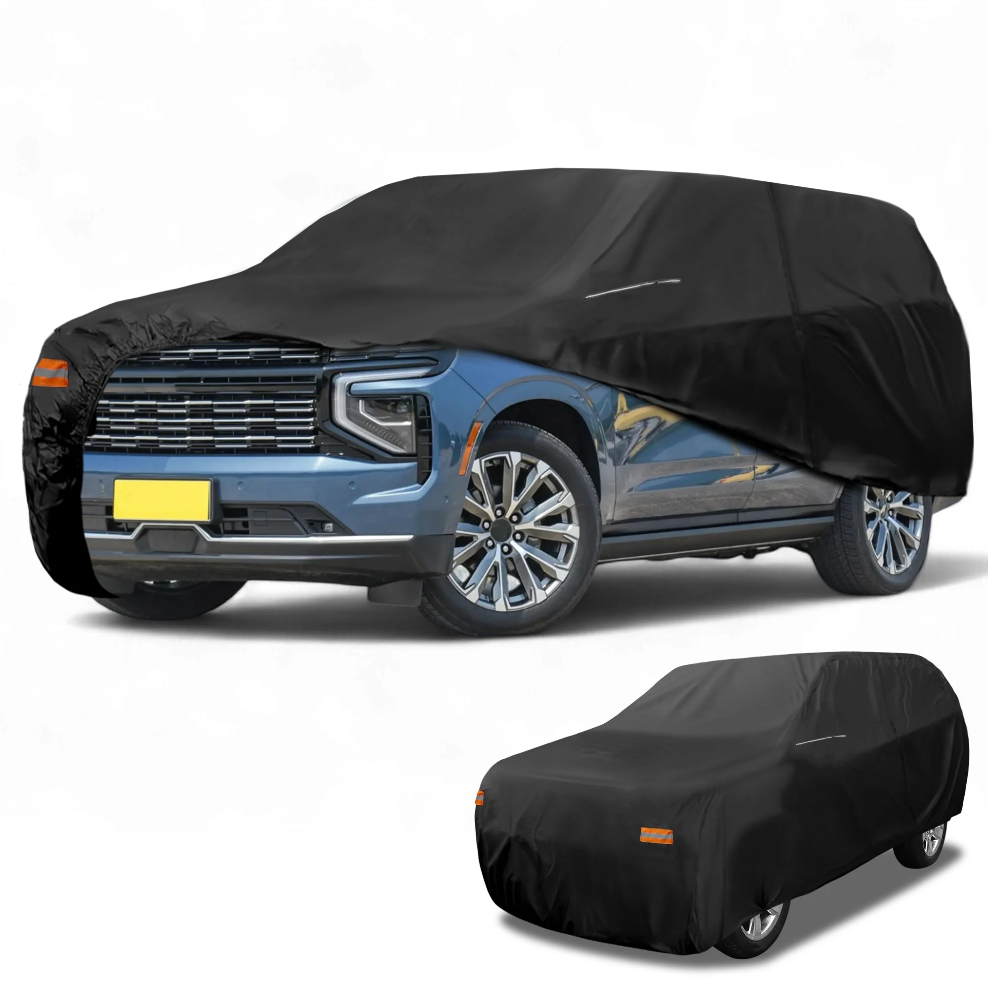 Car Cover Waterproof All Weather 210D-PU, UV Sun Rain Protection, for Chevrolet Tahoe 4DR, with Left Side Zipper & Mirror Pockets, Black