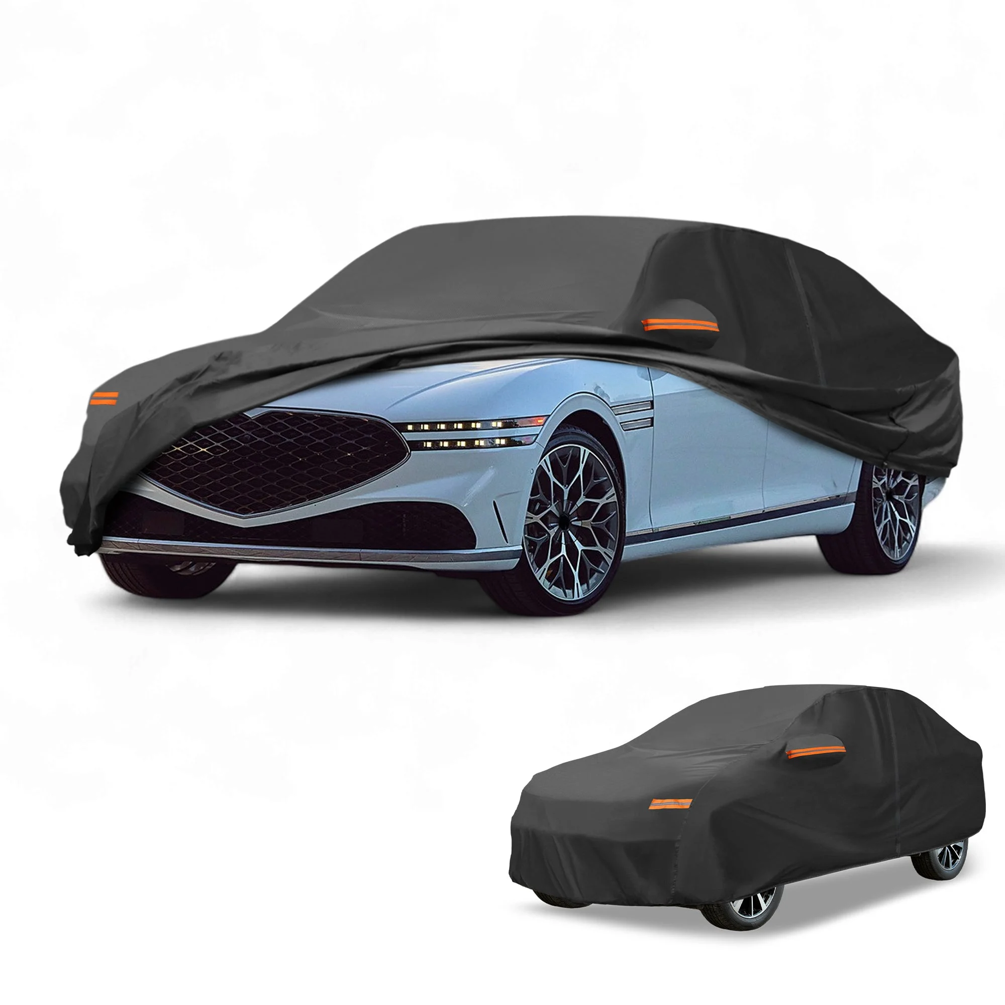 Car Cover Waterproof All Weather Sun Rain Protection Full Exterior Cover for Genesis G90 Sedan 190T-PU Black with Left Side Zippers