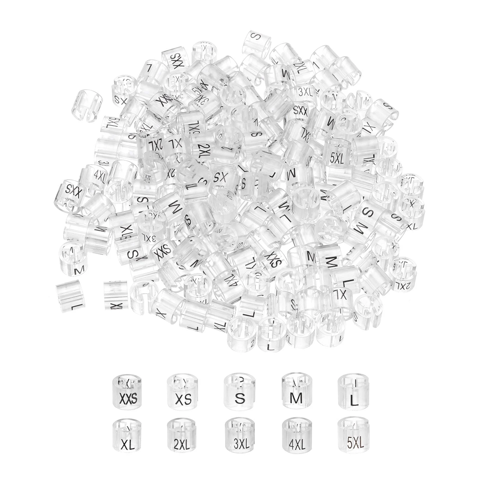 Clothes Hanger Marker XXS/XS/S/M/L/XL/2XL/3XL/4XL/5XL Size Tag Fit 3mm Rod Transparent for Garment Clothing Color Coding, 250Pcs