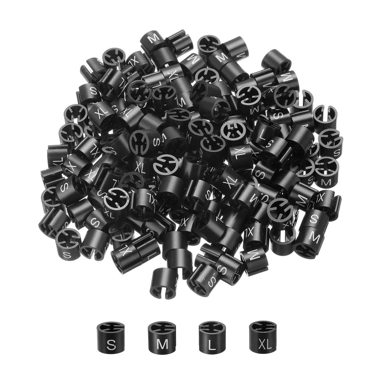 Clothes Hanger Marker S/M/L/XL Size Tag Fit 3mm Rod Black for Garment Clothing Color Coding, 200Pcs