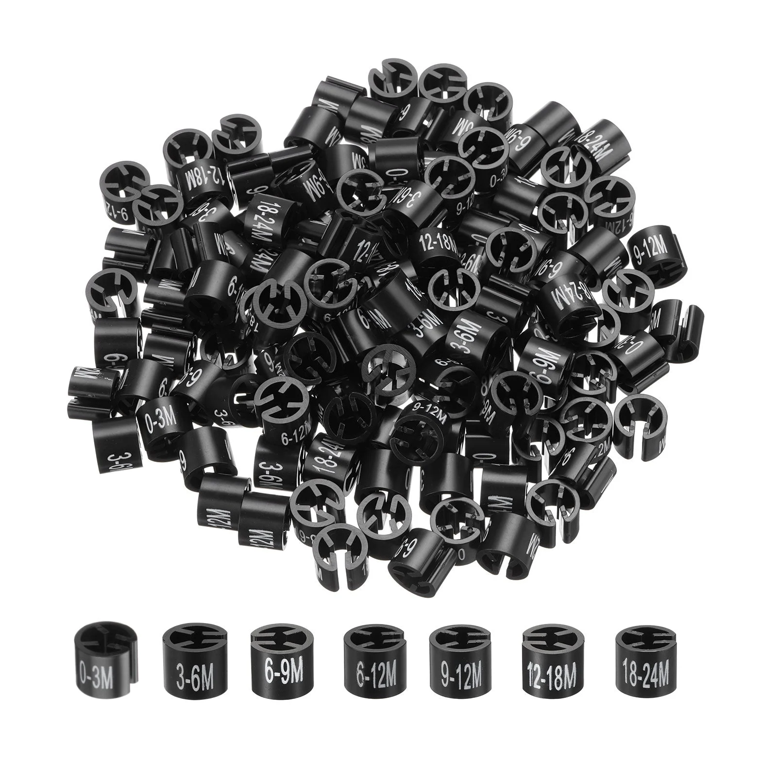 Clothes Hanger Marker 0-3M/3-6M/6-9M/6-12M/9-12M/12-18M/18-24M Size Tag Fit 3mm Rod Black for Garment Clothing Color Coding, 175Pcs