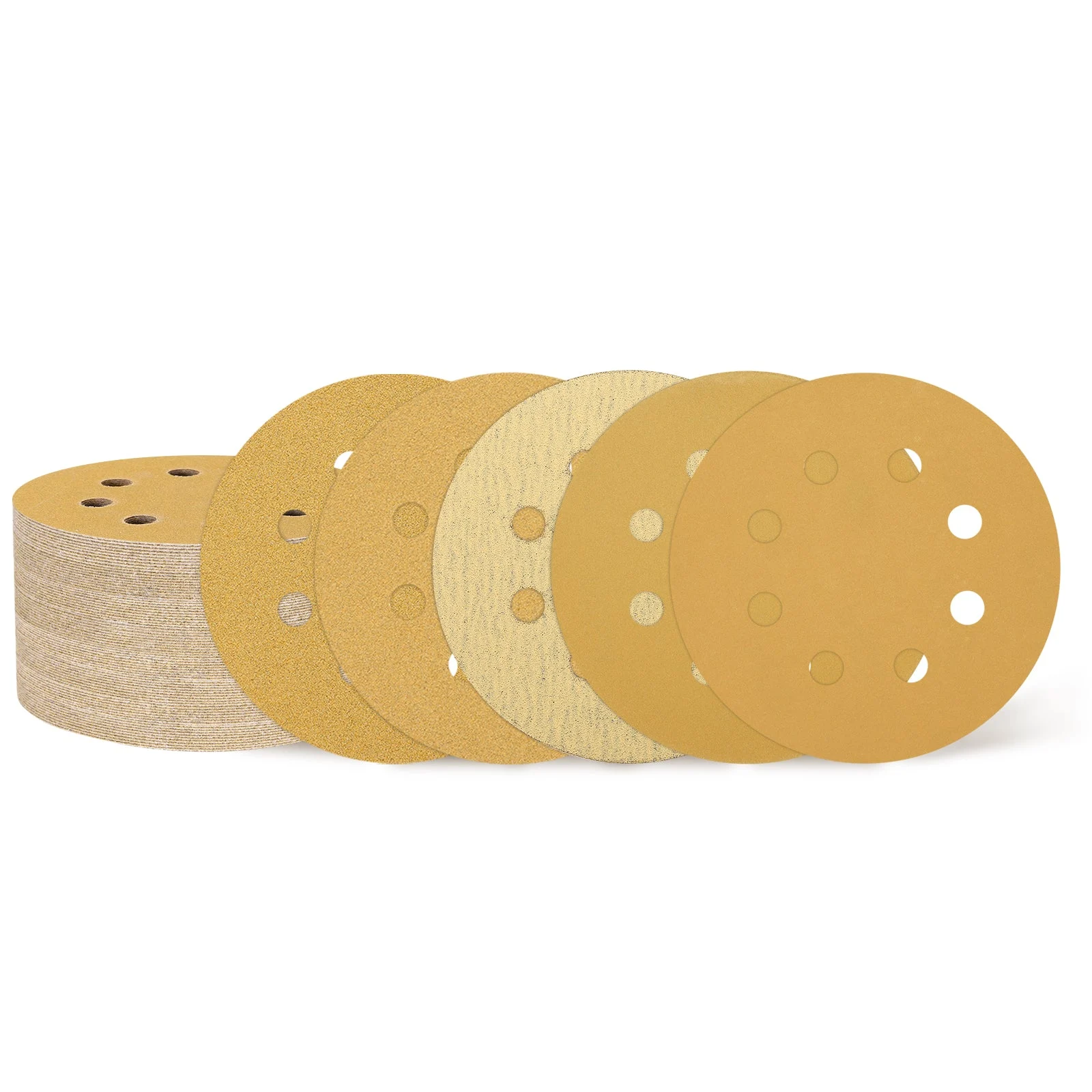 60 Pcs 5 Inch Sanding Disc 8 Hole 60/80/120/220/320/400 Grit Hook and Loop, Gold