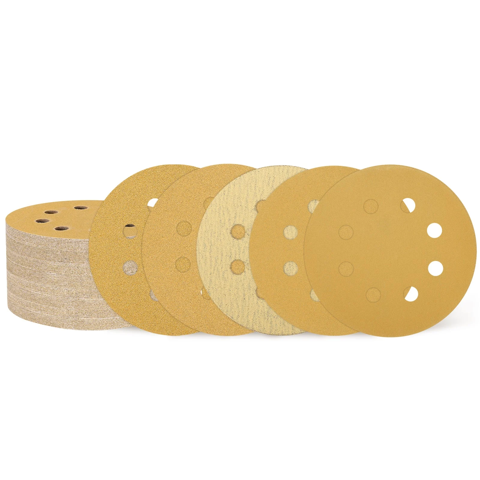 221 Pcs 5 Inch Sanding Disc 8 Hole 60/80/120/180/220/320/400 Grit Sandpaper Gold