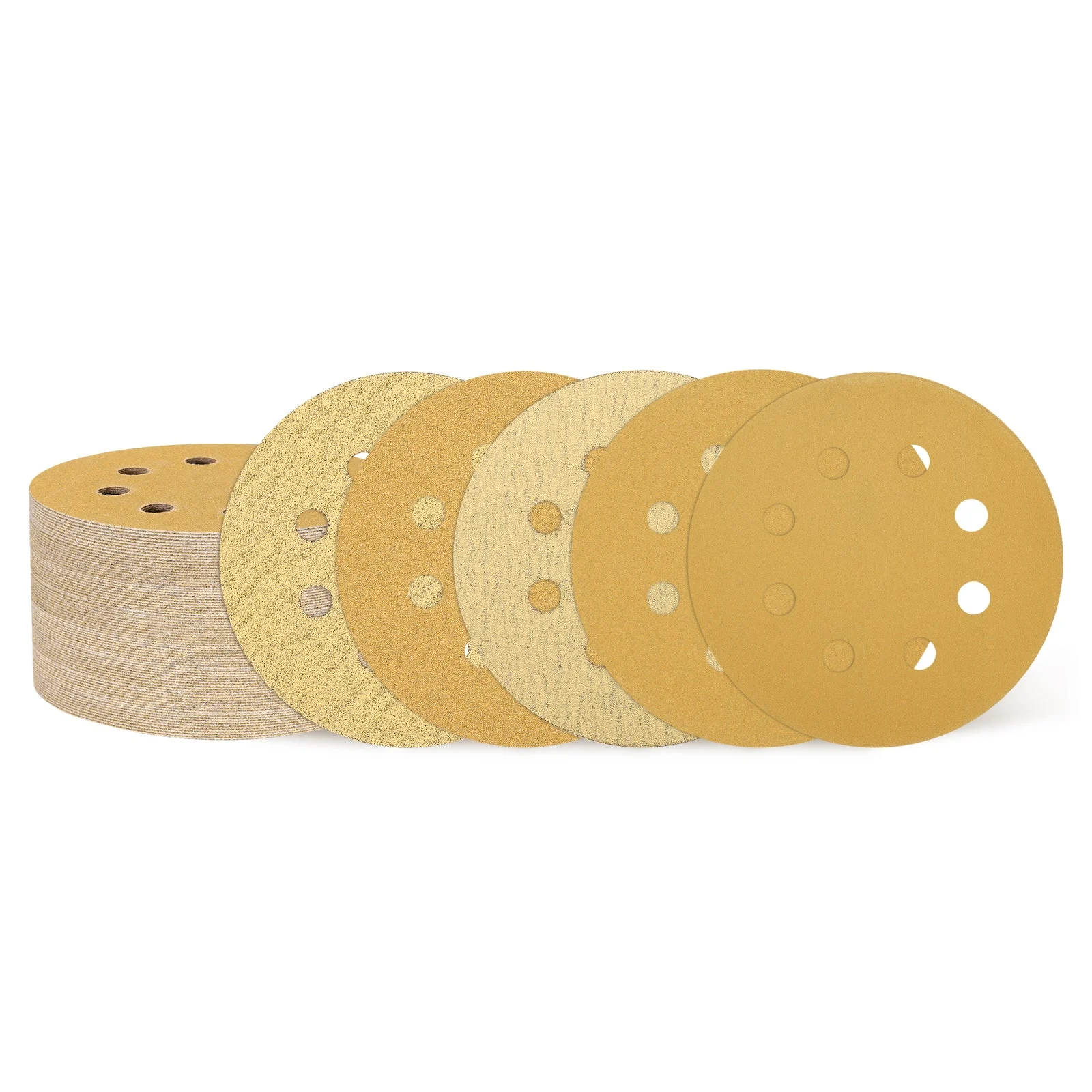50 Pcs 5 Inch Sanding Disc 8 Hole 80/100/120/150/220 Grit Hook and Loop, Gold