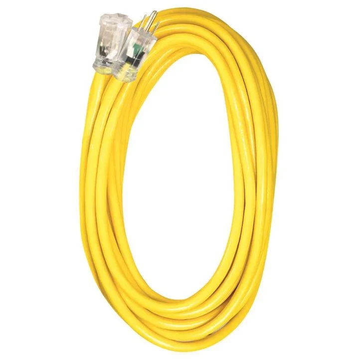 100ft 12/3 SJTW Yellow Ext Cord w/Lighted End, NEMA 5-15