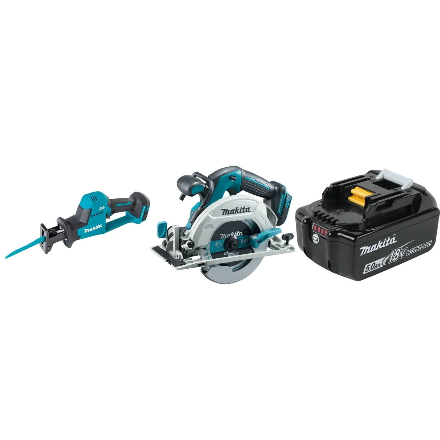 Makita 18V LXT Lithium-Ion Brushless Cordless Compact One-Handed Recipro Saw, 18V LXT Brushless Cordless 6-1/2" Circular Saw, and 18V LXT 5.0aH Battery
