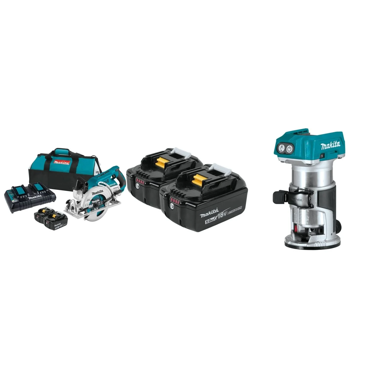 Makita 18V LXT X2 (36V) Rear Handle Circular Saw 5.0Ah Kit with Cordless Compact Router 4-Pack Batteries