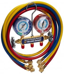 Yellow Jacket 41393 2-Valve Test/Charging Manifold, (kg/cm2/psi °C) R134A Refrigerant, Red/Blue Gauges (R/Y/B Hoses)