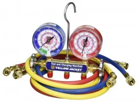 Yellow Jacket 41769 2-Valve Test/Charging Manifold, (MPa °C) R410A Refrigerant, Red/Blue Gauges (72" R/Y/B Hoses)