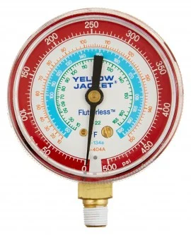 Yellow Jacket 49027 Manifold Gauge, 2-1/2", red pressure, kg/cm2 & psi, R-12/22/502, °C