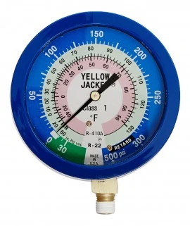 Yellow Jacket 49056 Manifold Gauge, 2-1/2", blue compound, bar & psi, R-134a/404A/507, °C
