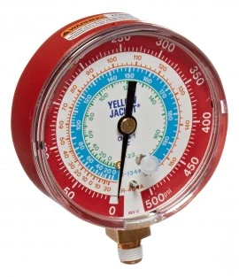Yellow Jacket 49057 Manifold Gauge, 2-1/2", red pressure, kg/cm2 & psi, R-134a/404A/507, °C