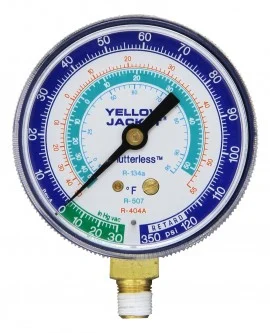 Yellow Jacket 49064 Heavy Duty Brass Manifold Gauge, 2 1/2" gauge, blue compound, bar & psi, R-134a/404A/407C, °C