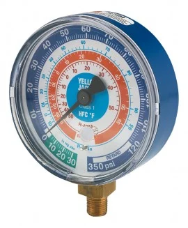 Yellow Jacket 49160 Dry Manifold Gauge, 3-1/8", blue compound, bar/psi, R-32/410A, °F and °C